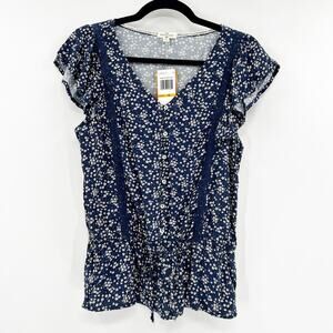 NWT Mason & Belle Women's Blue Floral Short Sleeve V-Neck Blouse Top Size S‎